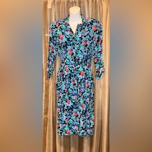 Vintage Maggy London Jeannene Booher Rayon Dress sz 10 Vibrant Floral Midi 80s